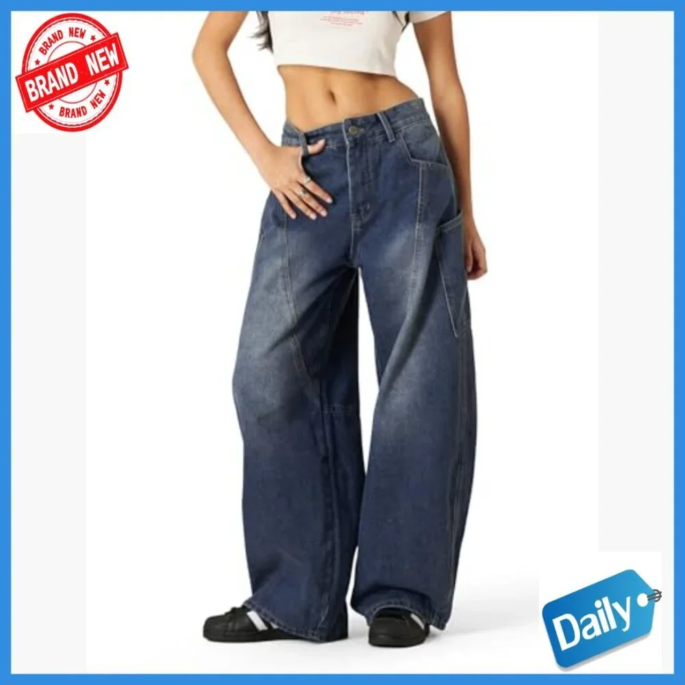 Men's Wide Leg Barrel Cut Jeans with Big Pockets, Unisex Streetwear